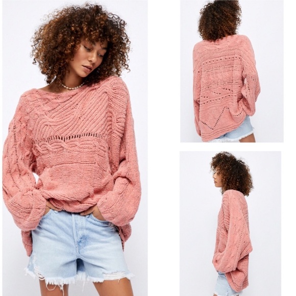 Free People Oversized Against The Tide Slouchy Sweater Small Pink off shoulder - Picture 1 of 14
